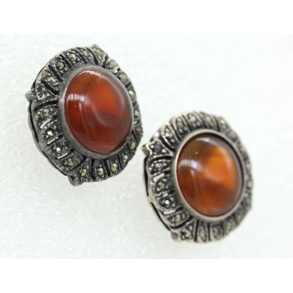 925 STERLING gold carnelian marcasites cabochon NF earrings 7.9 gr VINTAGE 3/4"